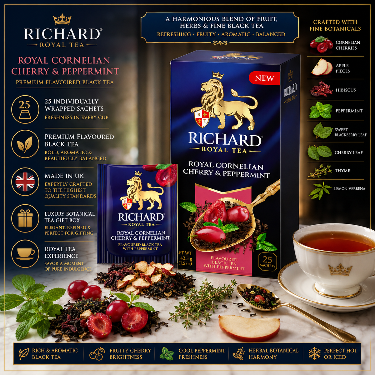 Richard Royal Cornelian Cherry & Peppermint Black Tea Bags with Herbal Botanicals, 25-Sachet Gift Box, 42.5g