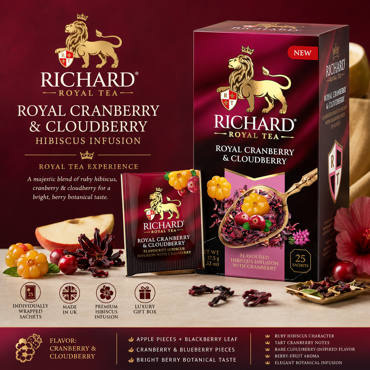 Richard Royal Cranberry & Cloudberry Hibiscus Infusion Tea Bags with Apple & Berries, 25-Sachet Gift Box, 37.5g