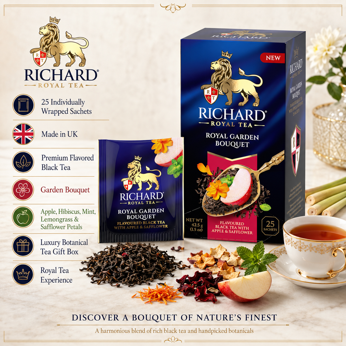 Richard Royal Garden Bouquet Black Tea Bags with Apple, Mint & Safflower, 25-Sachet Gift Box, 42.5g