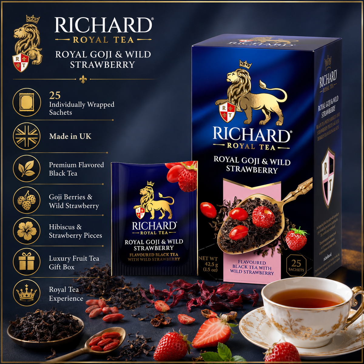 Richard Royal Goji Berries & Wild Strawberry Black Tea Bags, 25-Sachet Gift Box, 42.5g