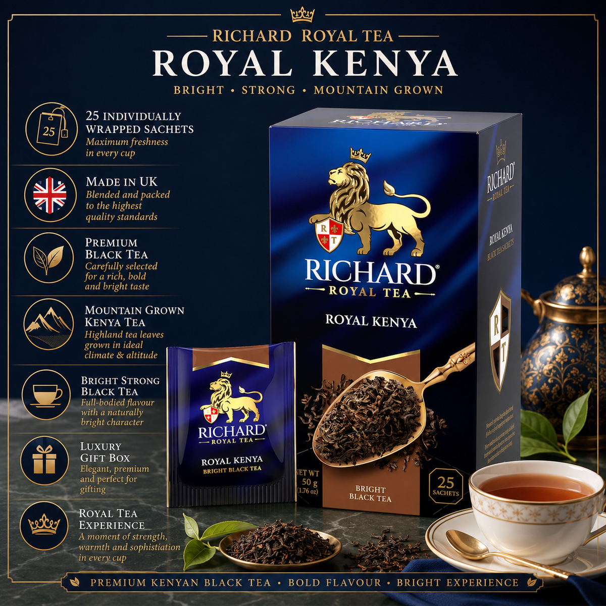 Richard Royal Kenya Black Tea Bags, Mountain-Grown Bright African Tea, 25-Sachet Gift Box, 50g