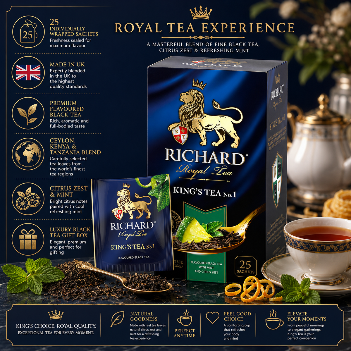 Richard Royal King's Tea No.1 Black Tea Bags with Lime & Citrus Zest, 25-Sachet Gift Box, 50g