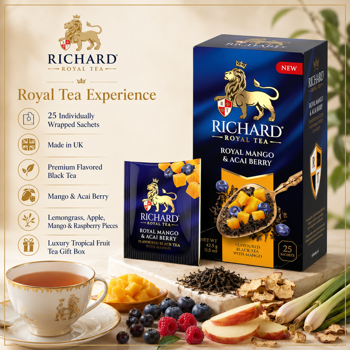 Richard Royal Mango & Acai Berry Black Tea Bags with Tropical Fruit, 25-Sachet Gift Box, 42.5g