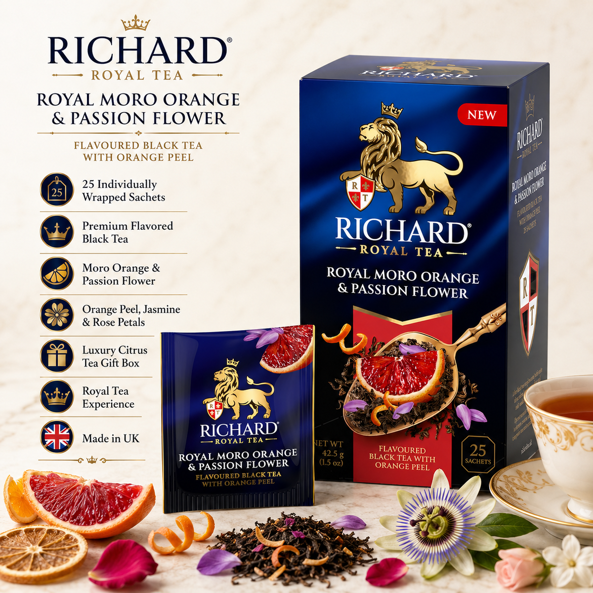 Richard Royal Moro Orange & Passion Flower Black Tea Bags with Jasmine & Rose, 25-Sachet Gift Box, 42.5g
