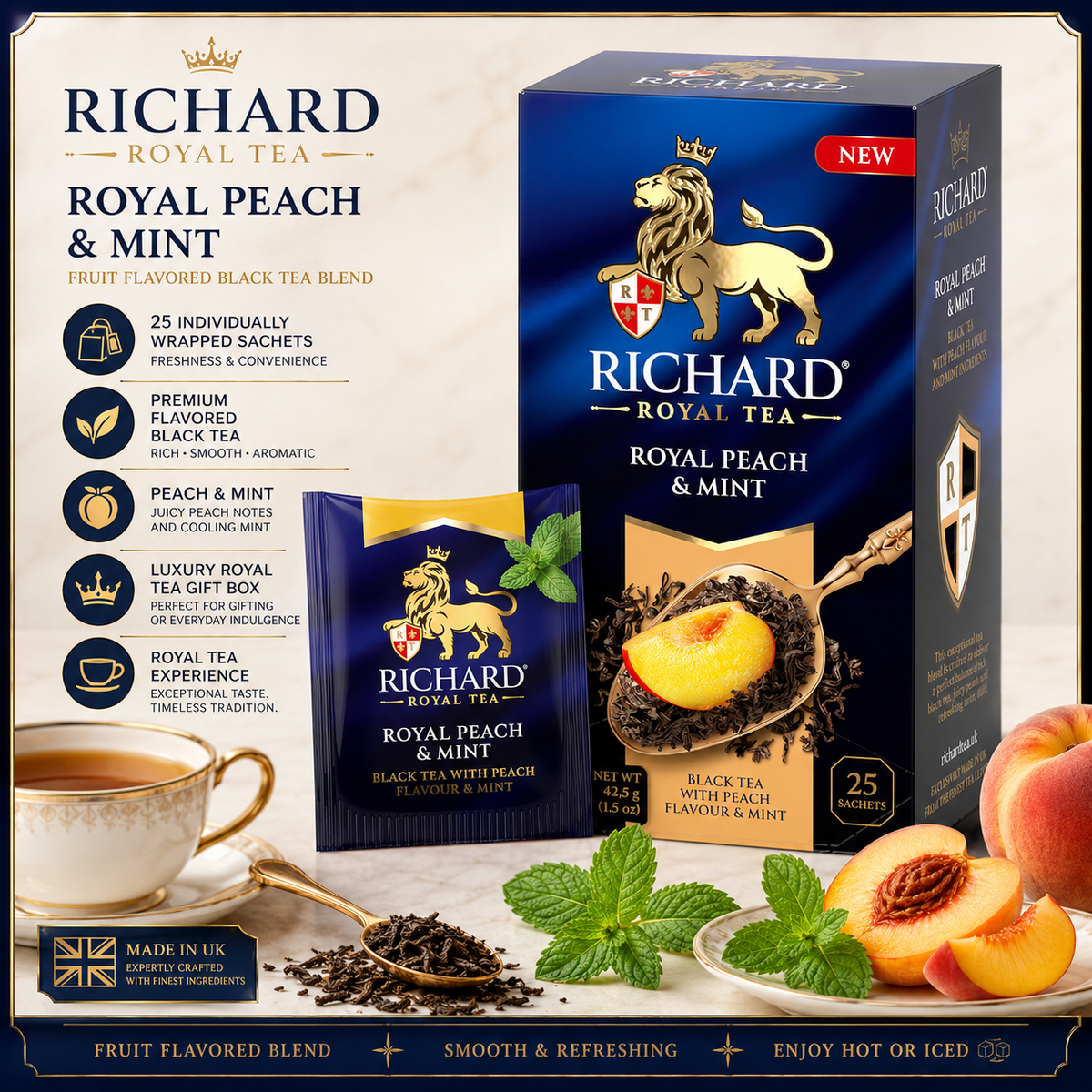 Richard Royal Peach & Mint Black Tea Bags, Fruit-Flavored Blend, 25-Sachet Gift Box, 42.5g