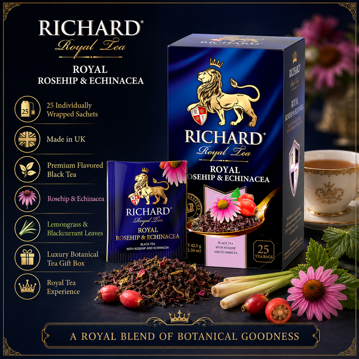 Richard Royal Rosehip & Echinacea Black Tea Bags with Lemongrass & Blackcurrant Leaf, 25-Sachet Gift Box, 42.5g