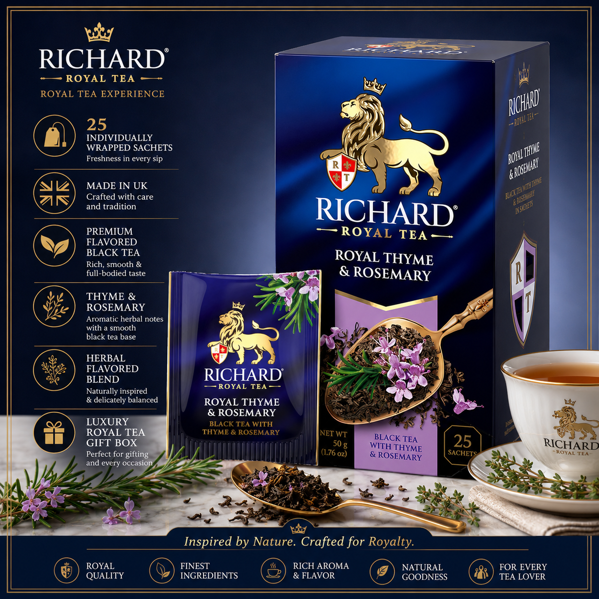 Richard Royal Thyme & Rosemary Black Tea Bags, Herbal Botanical Blend, 25-Sachet Gift Box, 50g