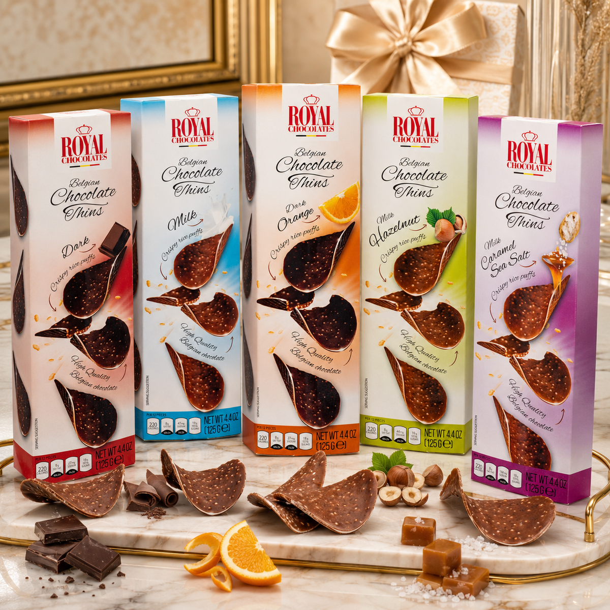 Royal Chocolates Belgian Dark Chocolate Orange Thins with Crispy Rice Puffs, 4.4 oz (125 g)