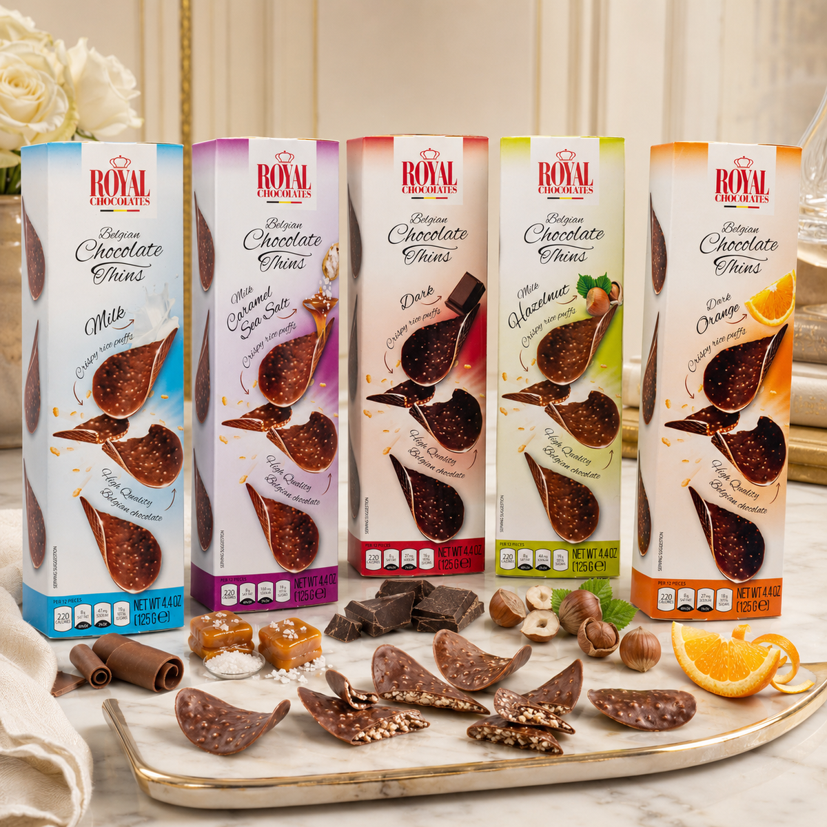 Royal Chocolates Belgian Milk Chocolate Thins with Crispy Rice Puffs, 4.4 oz (125 g)