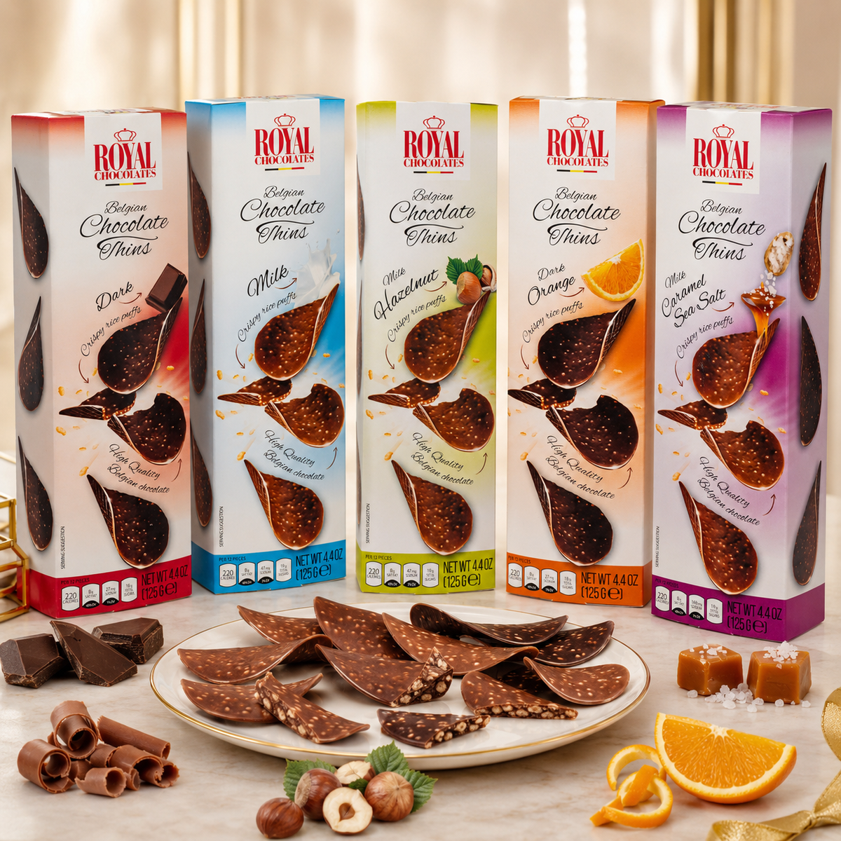 Royal Chocolates Belgian Milk Chocolate Hazelnut Thins with Crispy Rice Puffs, 4.4 oz (125 g)