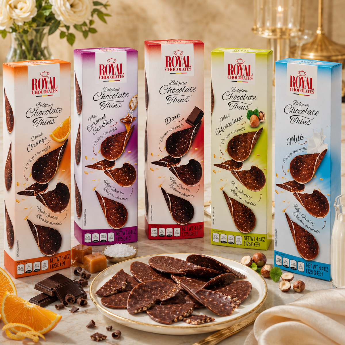 Royal Chocolates Belgian Dark Chocolate Thins with Crispy Rice Puffs, 4.4 oz (125 g)