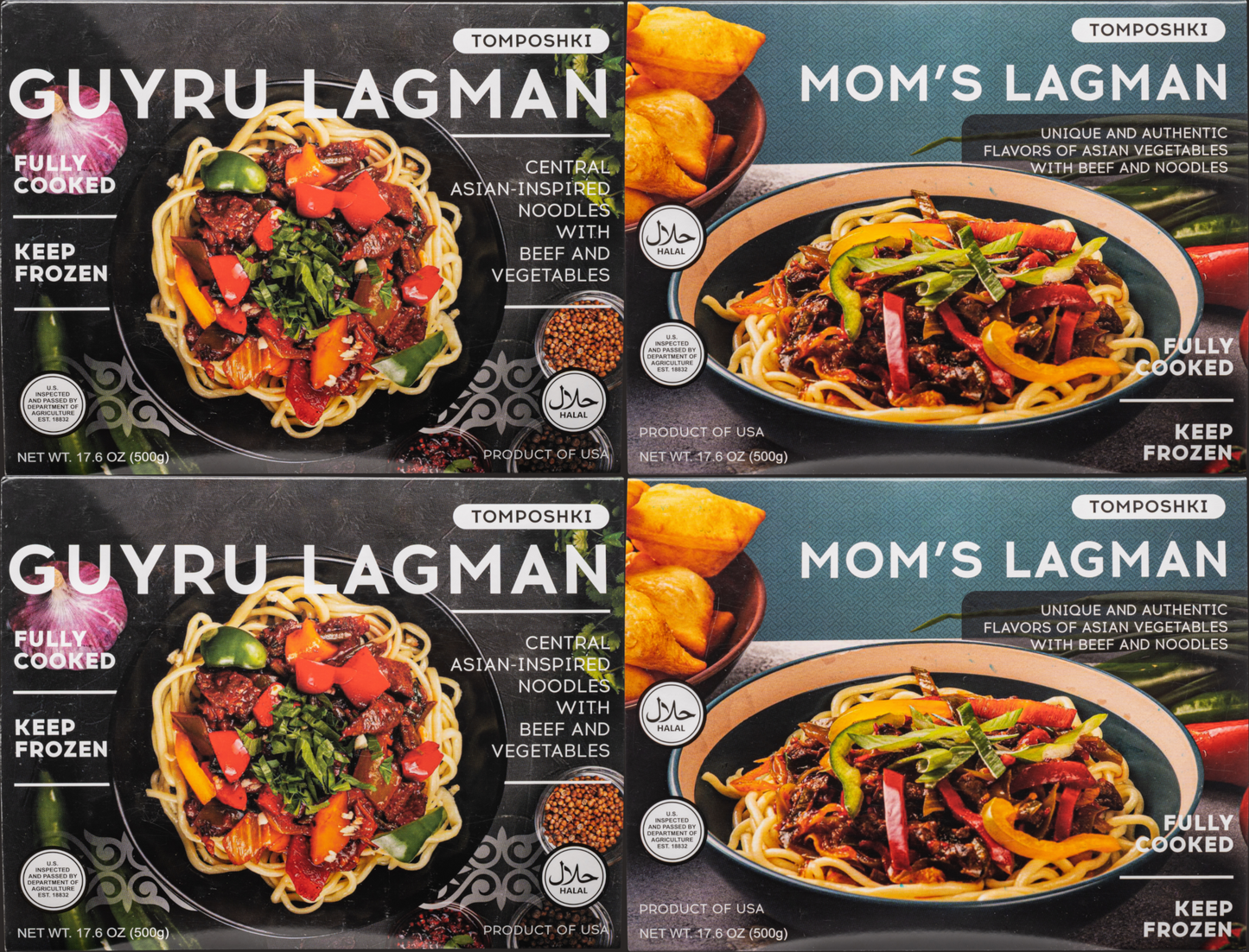 Tomposhki, Fully Cooked Halal Assortment of Guyru & Mom's Lagman - Central-Asian Inspired Unique & Authentic Flavors of Beef with Asian Vegetables & Noodles, 17.6oz/500g, Pack of 4 (2 of Each)