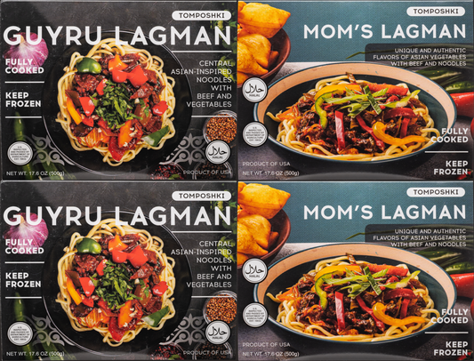 Tomposhki, Fully Cooked Halal Assortment of Guyru & Mom's Lagman - Central-Asian Inspired Unique & Authentic Flavors of Beef with Asian Vegetables & Noodles, 17.6oz/500g, Pack of 4 (2 of Each)