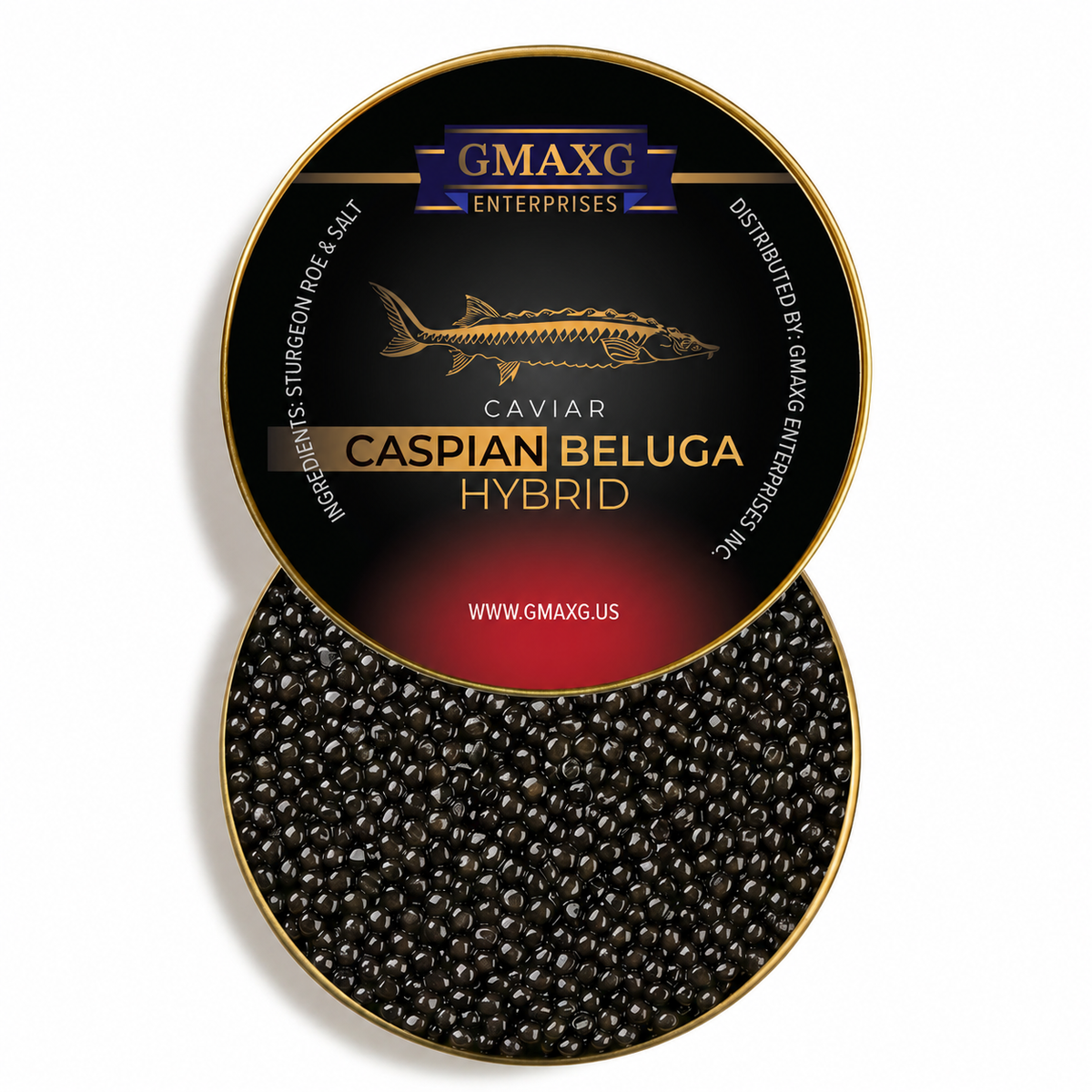 Caspian Beluga Hybrid Caviar Open Tin with Large Black Pearls and Luxurious Buttery Texture on White Background